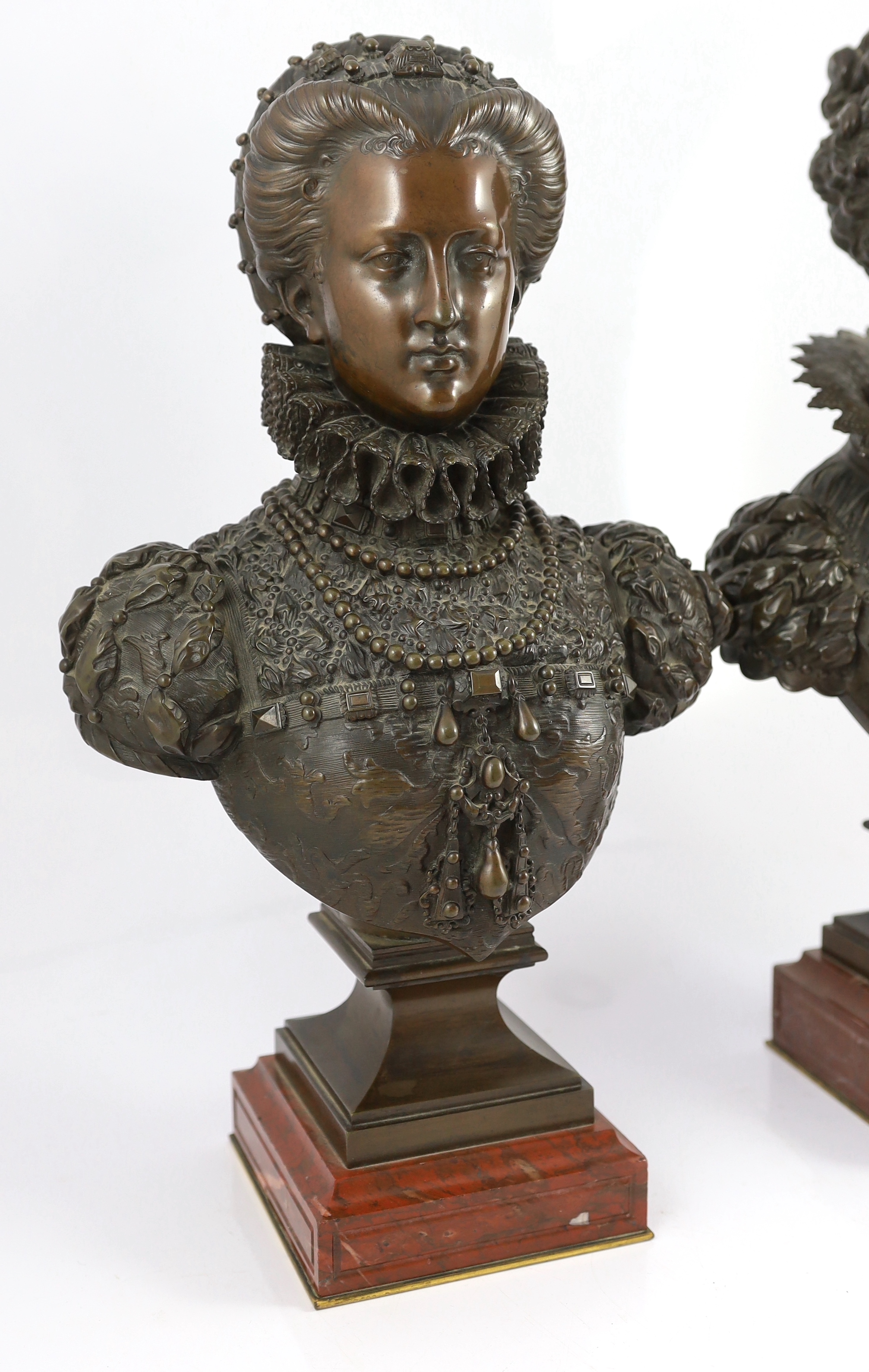 Mathurin Moreau (French, 1822-1912). A pair of bronze busts of Queen Elizabeth I and Marie de Medici, 50cm and 48cm high